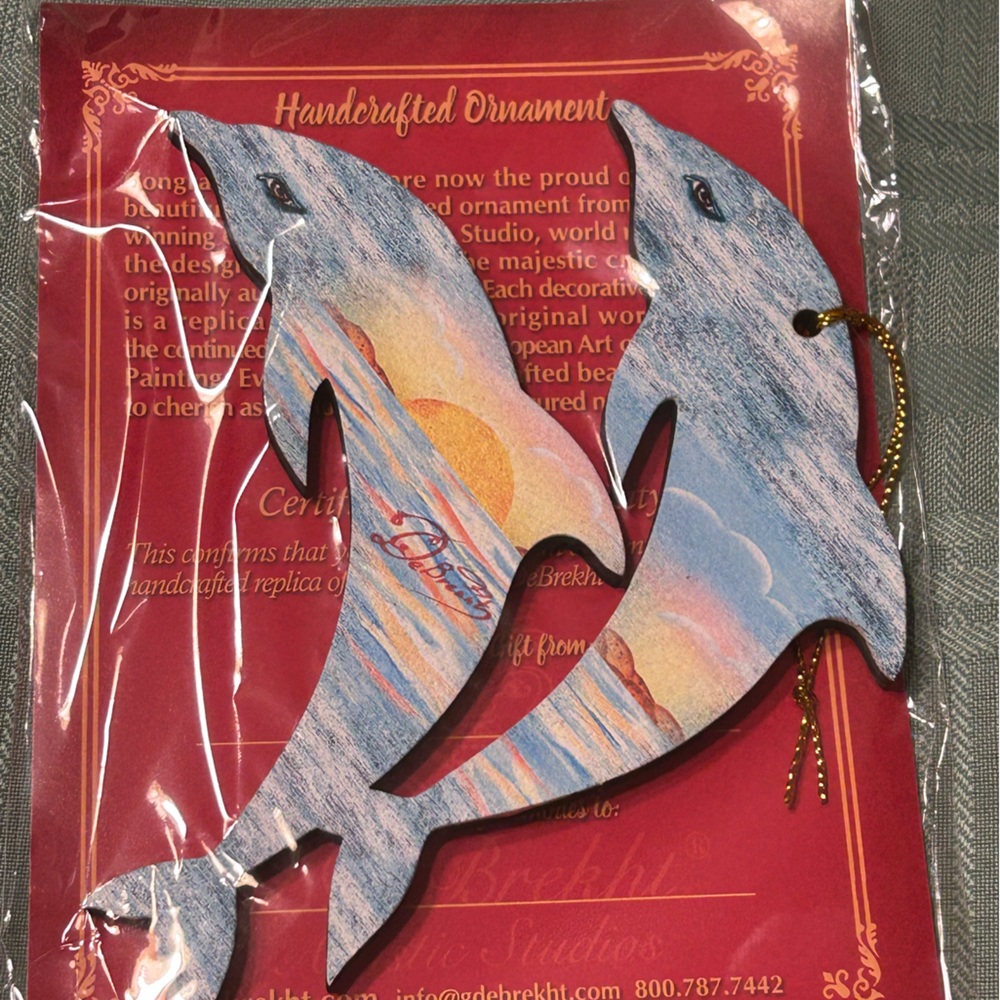 Brand New G. Debrah Coastal Wooden Ornaments- 2 Dolphins!